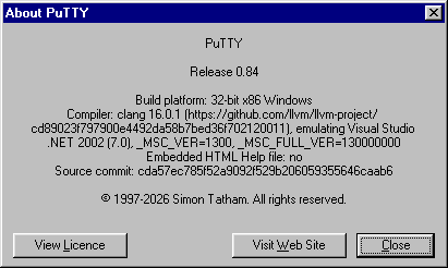 PuTTY about dialog showing it's version 0.84, © 1997-2026 Simon Tatham