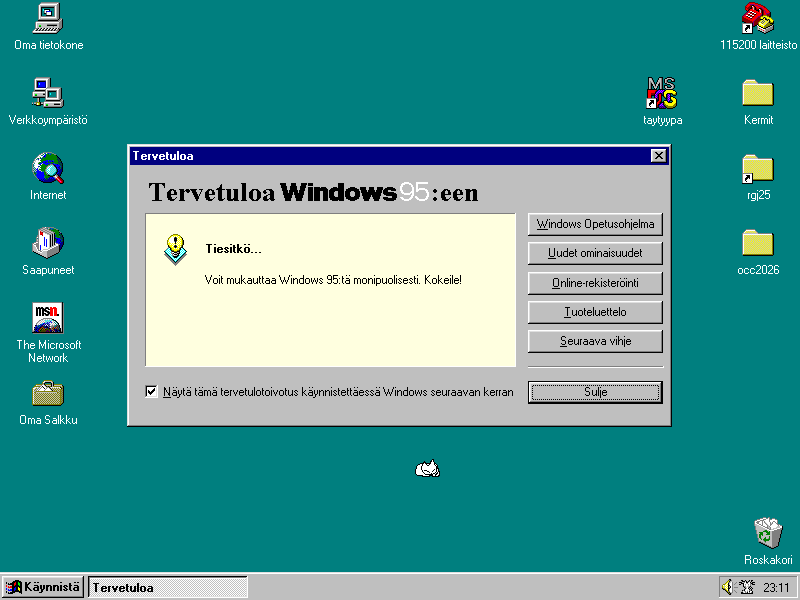 Windows 95 tip of the day window on bigger-than-before desktop. There's now the volume control icon in the notification area.