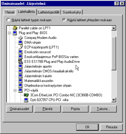 Tree of devices, with many devices under "Plug and Play -BIOS", including "PCI-väylä" which has further devices under it